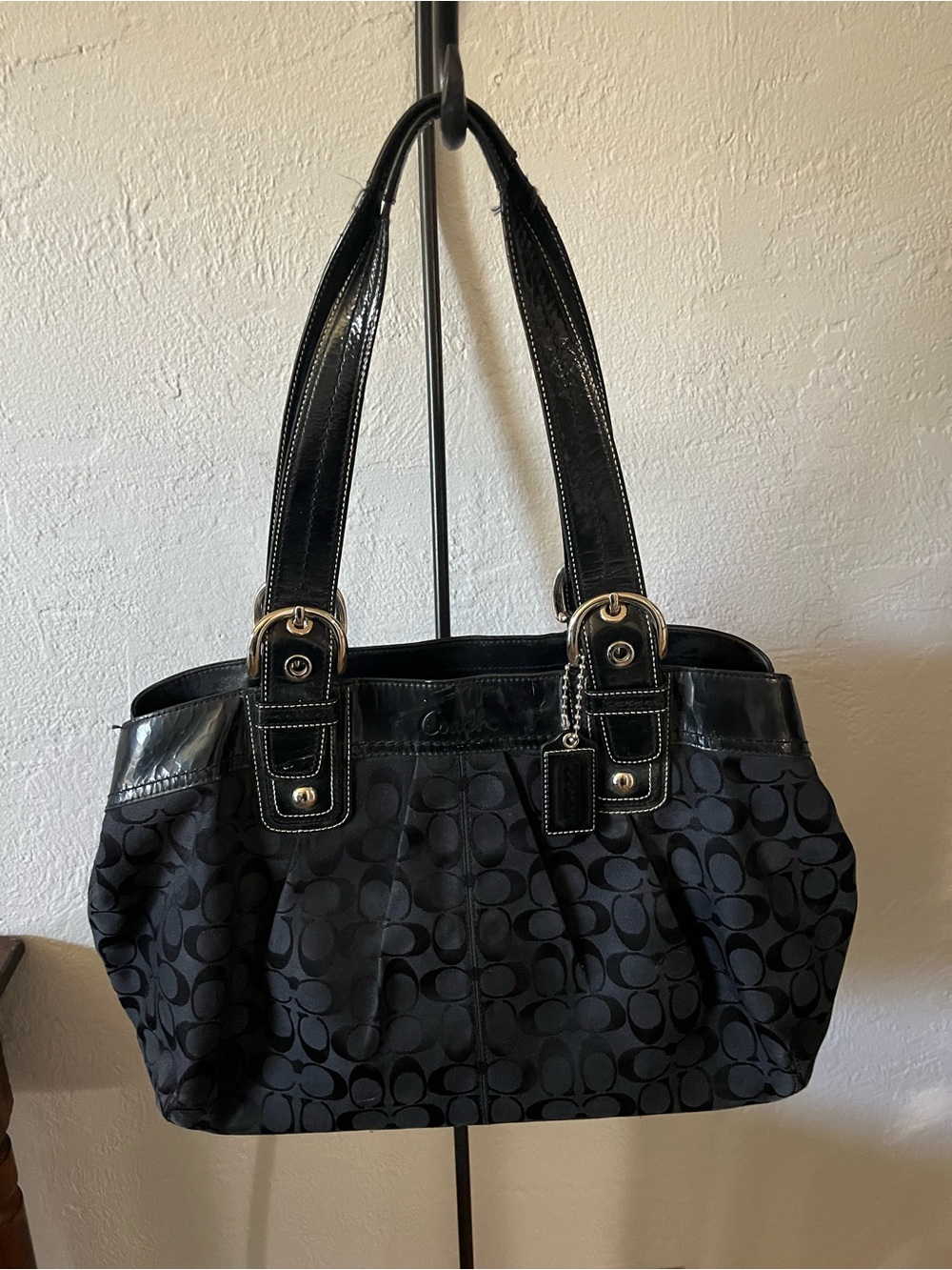 Coach Black Signature Shoulder Bag with Patent Trim